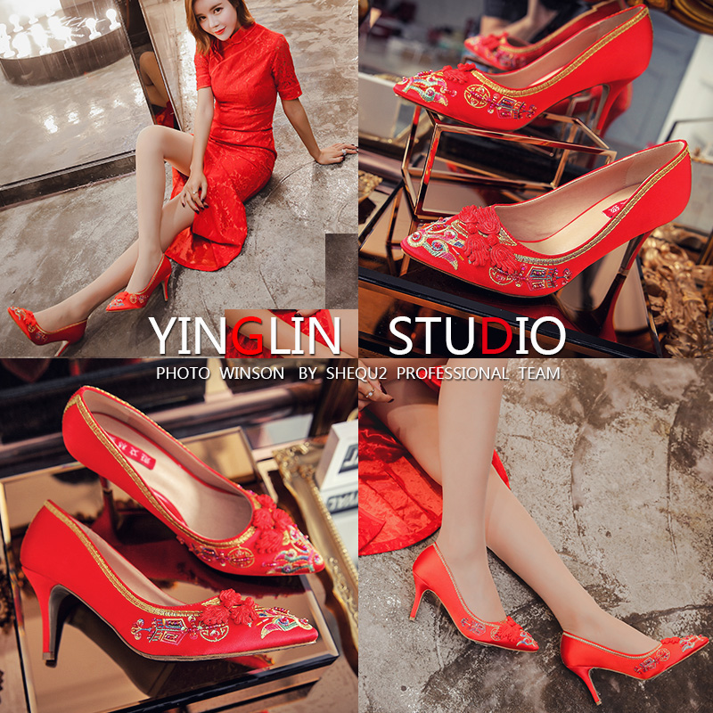 红色婚鞋刺绣中国风秀禾服鞋尖头中式高跟鞋细跟新款绣花鞋新娘鞋
