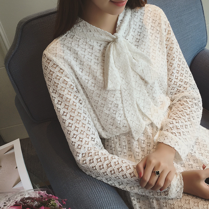 韩国代购2016春季新款女装小香风长袖打底中长款镂空蕾丝连衣裙女