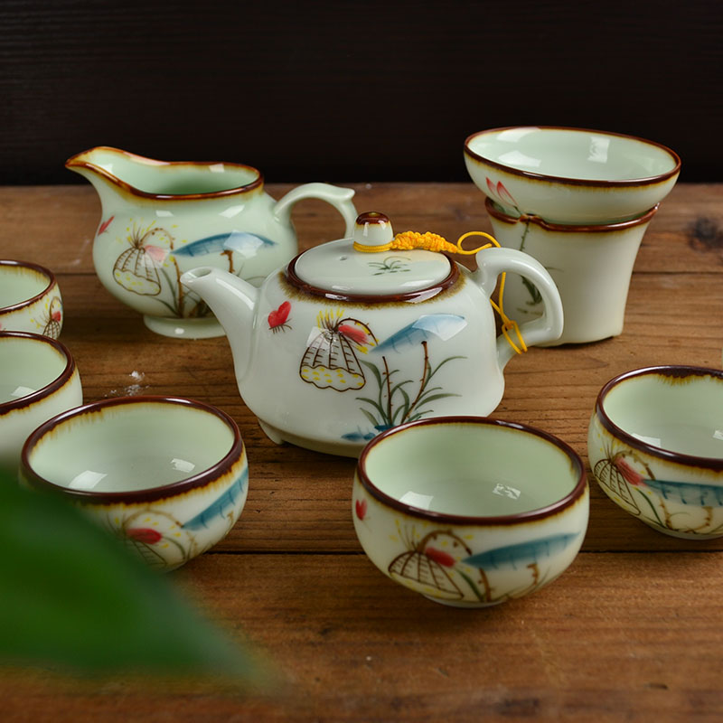 五彩手绘青瓷功夫茶具套组 手绘茶具套装 手绘青瓷茶具套装 特价