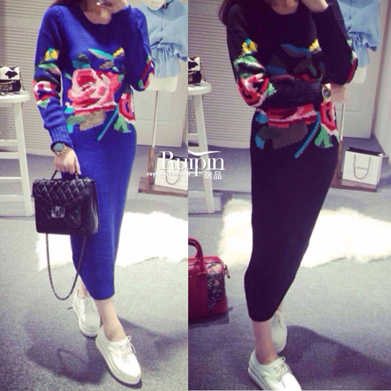 2014韩版新款玫瑰花刺绣针织包臀长袖连衣裙显瘦打底长裙女包邮