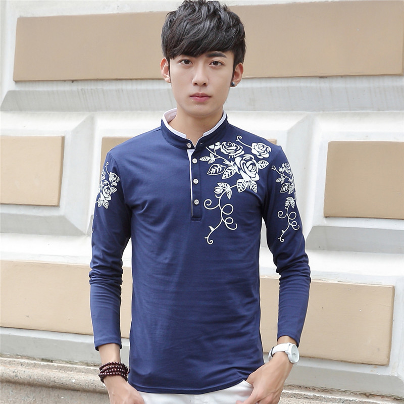 2016年秋季新款韩版t恤男长袖立领修身大码青春流行印花精致上衣
