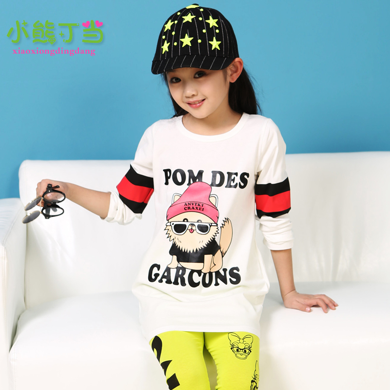 2015春款韩版新款女童长袖T恤 女中大童长款儿童装时尚卡通打底衫