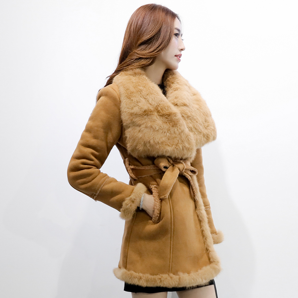 韩版奢华超大真毛领2016女装冬季新款麂皮绒复合羊羔毛外套配腰带