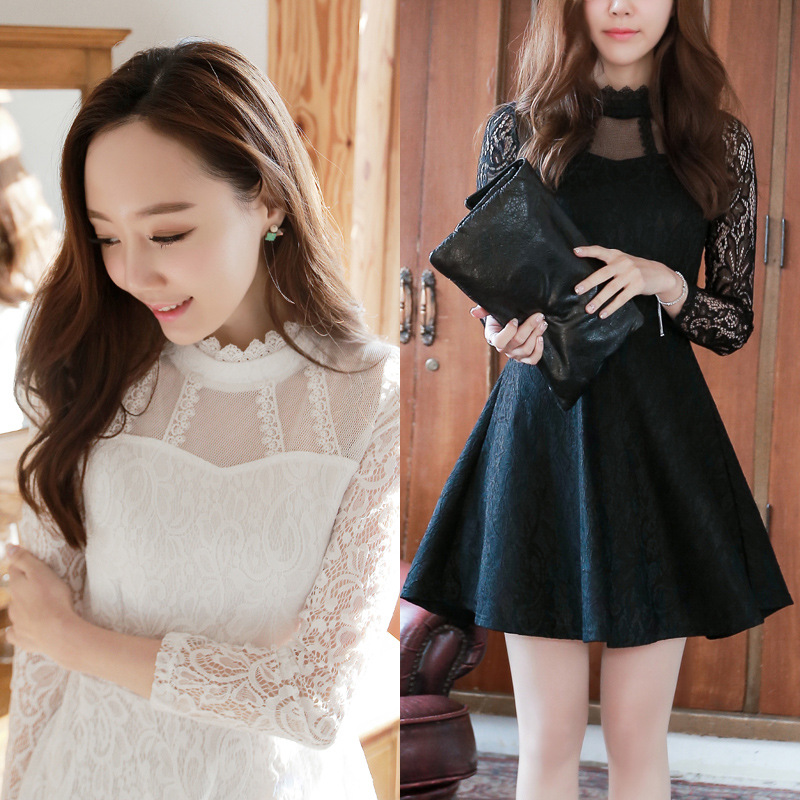 2016春装韩版新款中长款女士长袖蕾丝连衣裙修身棉质公主长裙