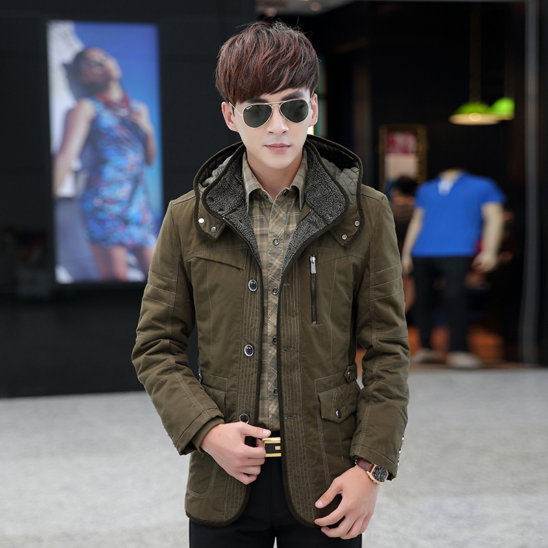 冬季青年男士纯棉夹克男中长款韩版修身外套加绒加厚连帽纯色男装