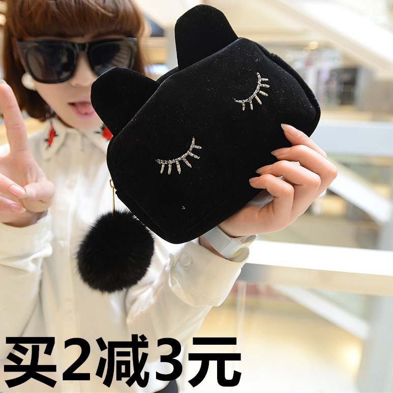新款韩版潮女化妆包可爱卡通猫咪零钱包手拿女包手抓小包包批发