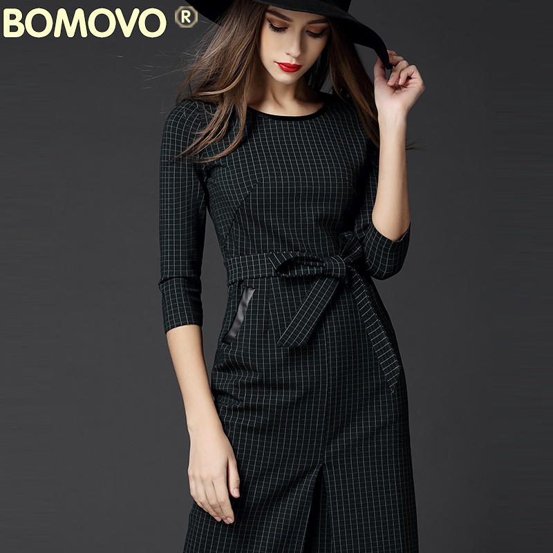 Bomovo2015秋季新品欧美大牌连衣裙轵七分袖中裙气质显瘦连衣裙女