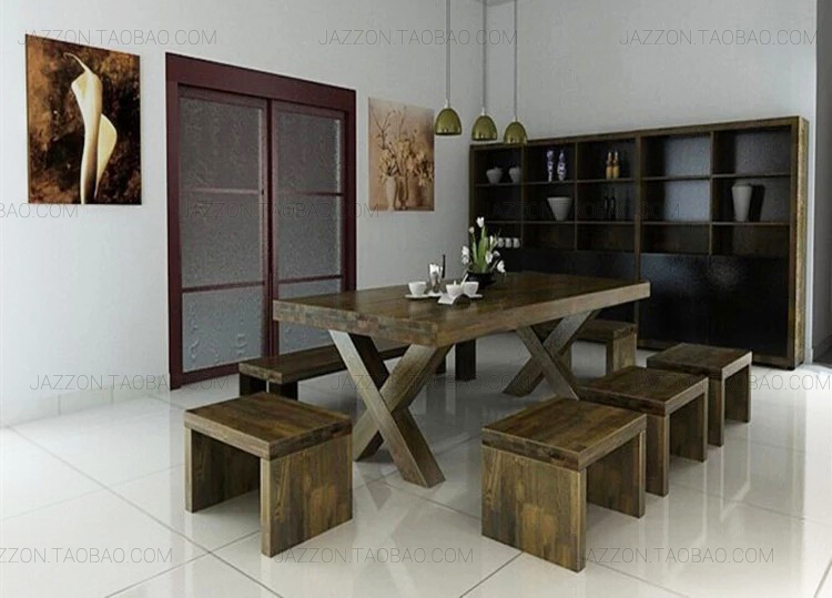 LOFT美式复古茶几酒吧铁艺实木西餐桌椅组合长方形办公书桌会议桌
