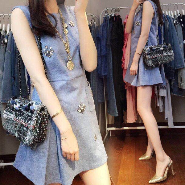 2015夏新款女装韩版圆领无袖气质棉麻裙子修身显瘦亚麻钉珠连衣裙