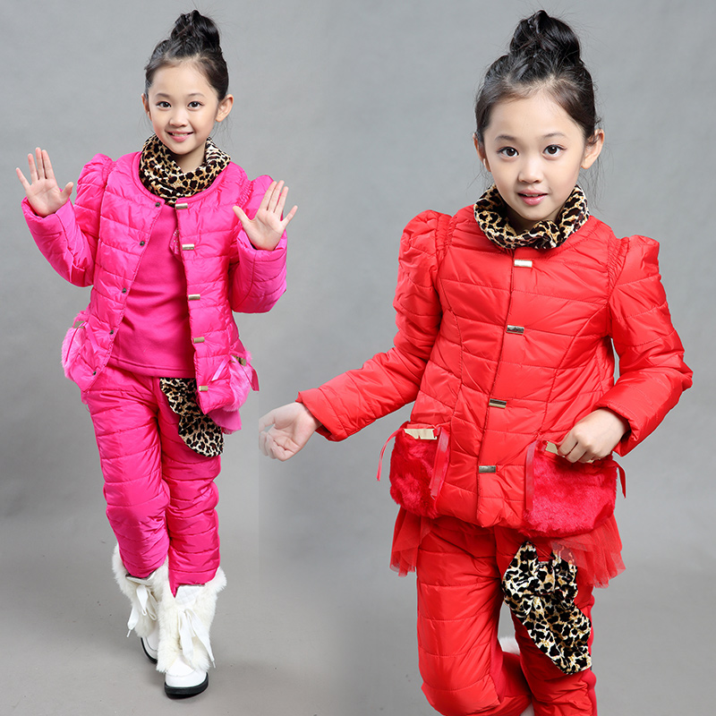2015女童冬装韩版中大童套装豹纹棉衣三件套休闲运动加厚儿童卫衣