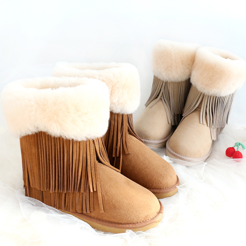 新款韩版羊皮毛一体翻毛边双层流苏雪地靴中筒保暖冬季棉鞋女靴子