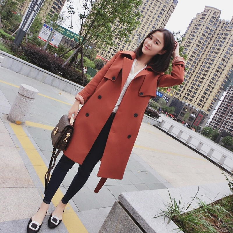 2016中长款女式风衣韩版秋冬新款双排扣红棕色大衣气质修身外套
