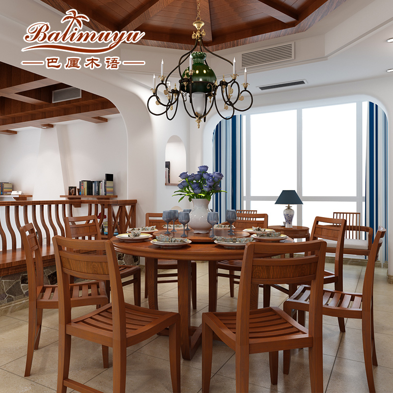 巴厘木语 实木餐桌椅组合 圆形餐桌椅小户型六人 东南亚风格家具