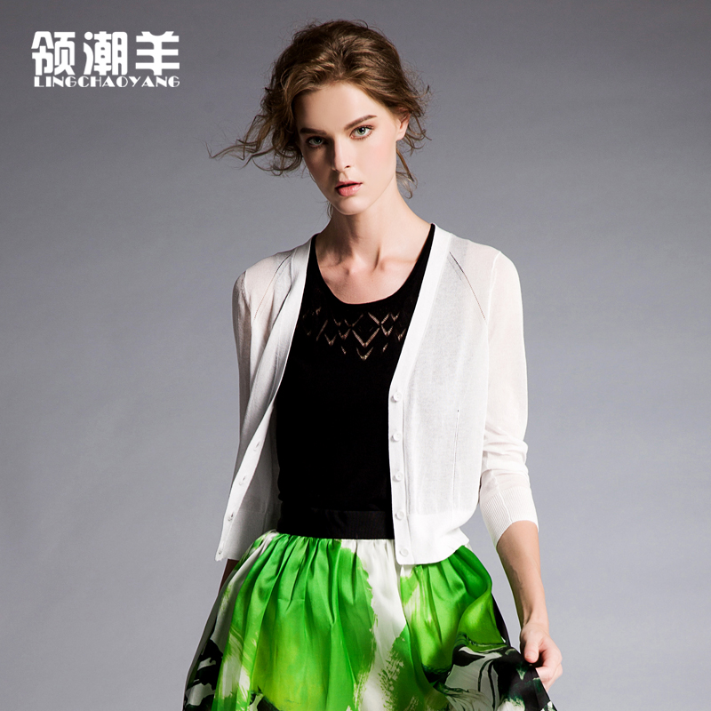 2015新款韩版夏季薄款外搭开衫女短款V领镂空小开衫空调防晒衫