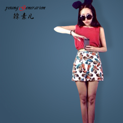 2015春夏蘑菇街学生批发韩国新品可爱短款无袖上衣+短裤套装少女