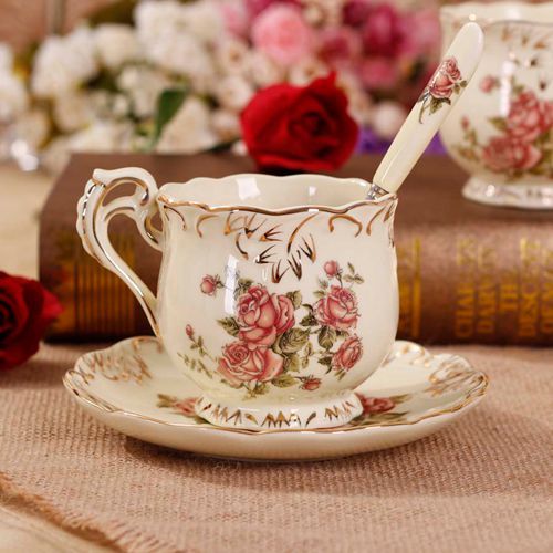 时光~～象牙瓷花茶杯情侣杯 陶瓷咖啡杯碟套装 英式红茶奶茶杯