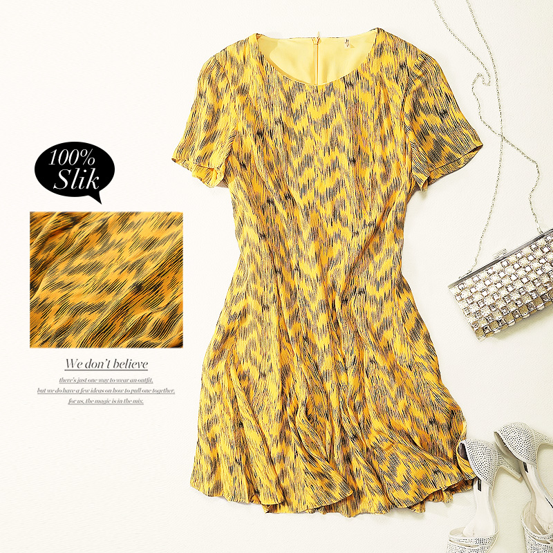 beeroom夏季豹纹黄色花纹重磅双绉圆领短袖显瘦真丝高腰连衣裙