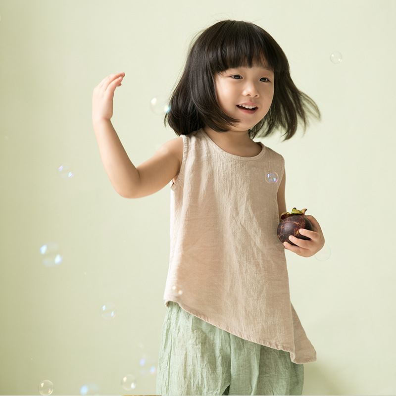 2015韩版新款 文艺棉麻风格女童纯色棉麻田园范斜下摆无袖衫背心