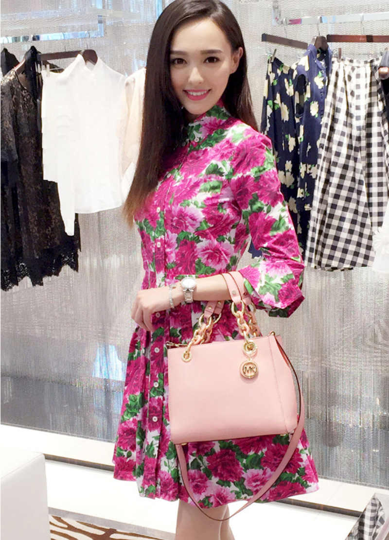 2015韩版新款秋装唐嫣同款红美人红色牡丹碎花长袖连衣裙衬衫裙