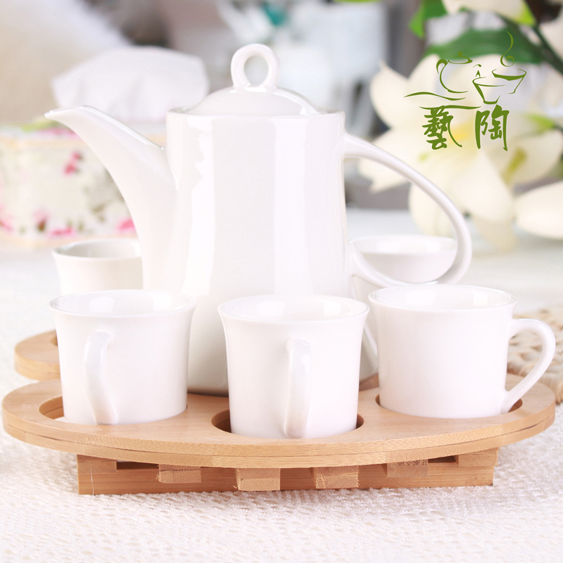 高档陶瓷咖啡杯套装花茶杯子水壶杯具水杯套装竹木架特价礼品包邮