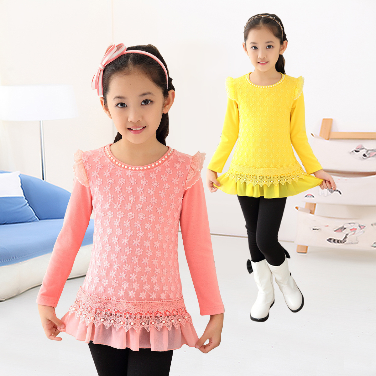 女童2015秋季童装新款韩版长袖打底衫中长款儿童蕾丝花边上衣T恤