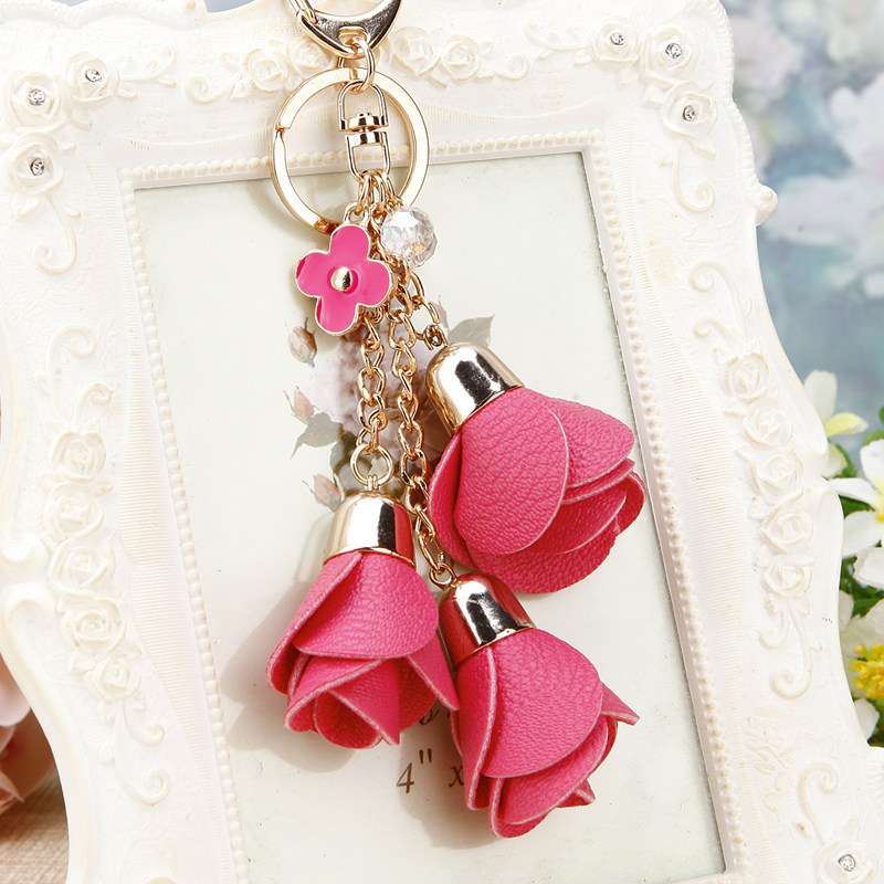 韩国创意礼品可爱皮革玫瑰花朵汽车钥匙扣女包挂件钥匙链水钻饰品