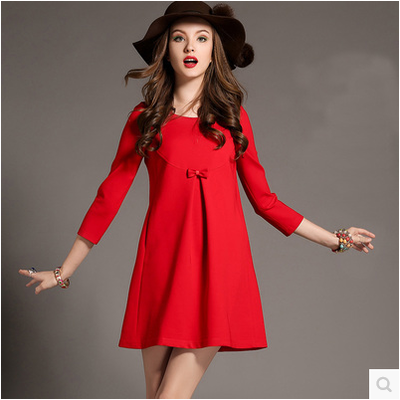 浪季2015春装新款欧美范气质大红色蕾丝拼接百褶短裙连衣裙