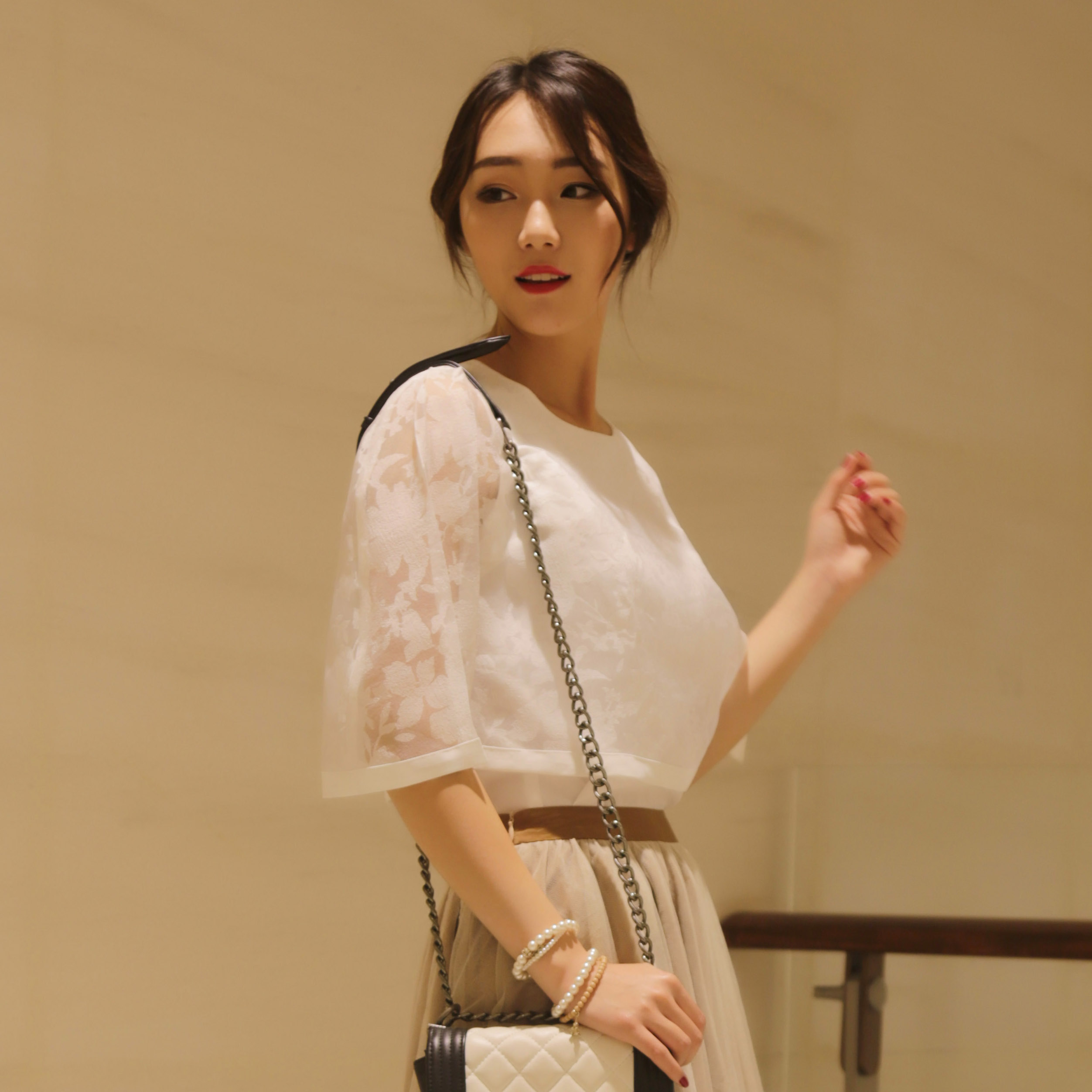 2015夏新款蕾丝女装韩版气质中长款上衣小衫宽松百搭短袖雪纺衫