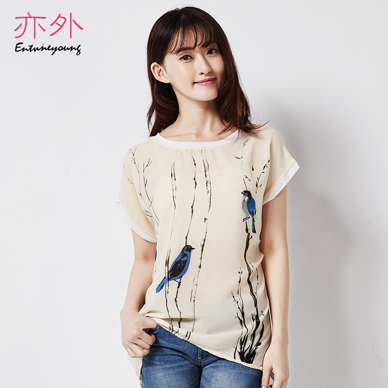 亦外2015夏季新款T恤女 韩版潮短袖宽松时尚小鸟印花雪纺拼接上衣