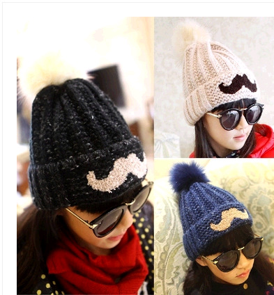 女童毛线帽子冬款小胡子纯色卷边针织帽子大毛球针织亲子护耳帽