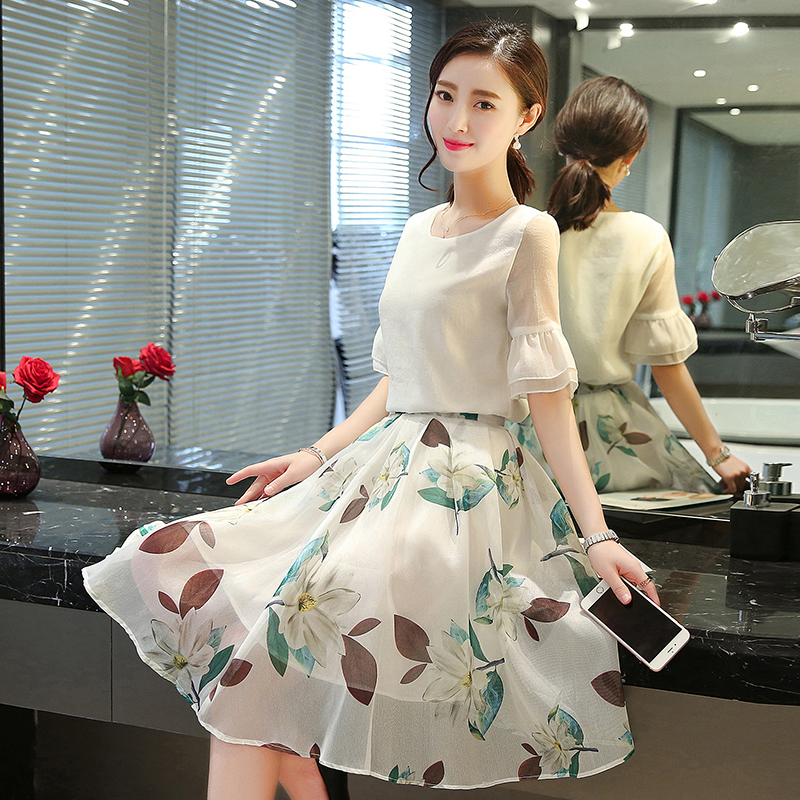 韩版夏季中长款两件套雪纺连衣裙短袖女修身显瘦欧根纱套装裙子夏