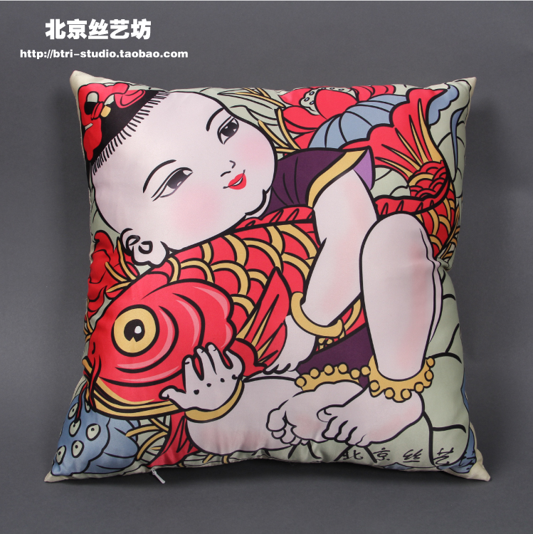 北京丝艺坊 连年有余 新年春节款 年画娃娃 喜庆 抱枕 靠垫 靠枕