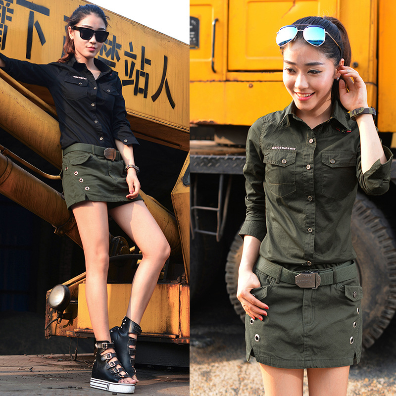 春秋季新款迷彩套装运动户外野战军绿套装军绿衬衫短裙修身两件套