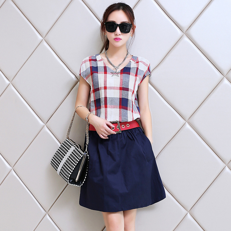 2015年夏季新款韩版短袖中腰中裙圆领假两件连衣裙子配腰带