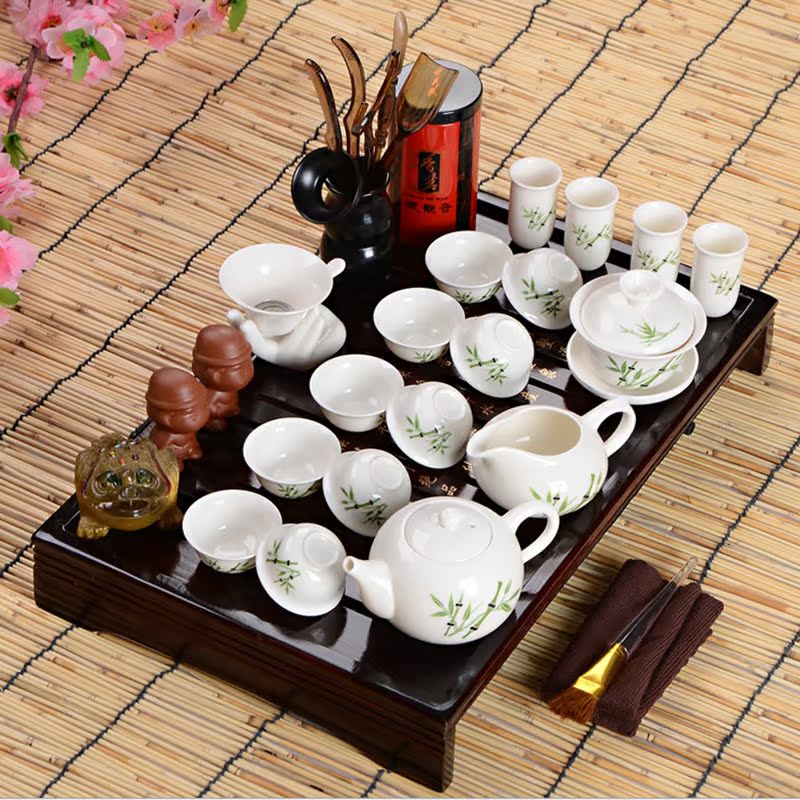 陶瓷功夫茶具套装 陶瓷紫砂带实木茶具茶盘整套盖碗茶壶茶杯包邮