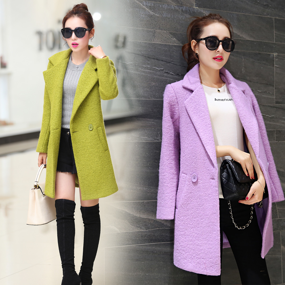 毛呢外套女2015秋冬新款韩版修身显瘦中长款气质加厚羊绒毛呢大衣