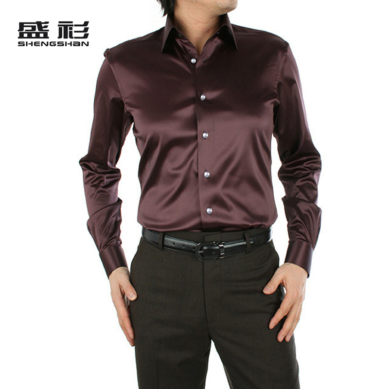 盛衫新款商务休闲长袖衬衫咖啡色修身衬衣男士仿绸缎真丝韩版纯色
