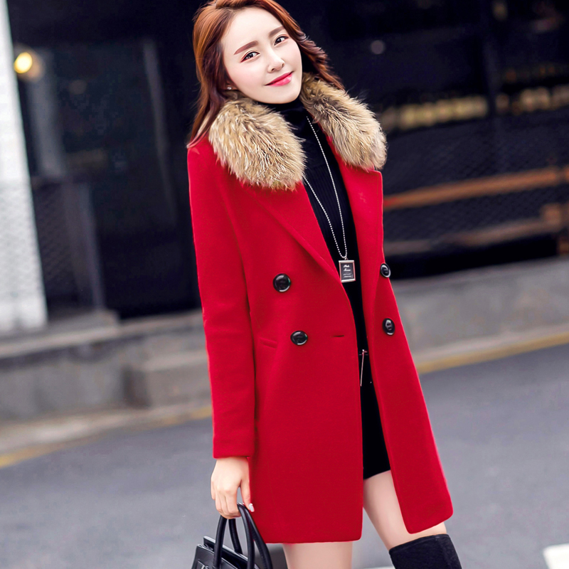 2015冬季时尚中长款韩版毛呢外套　修身双排扣加厚女大衣显瘦　