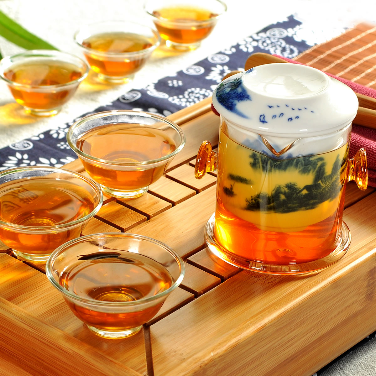 凡华 红茶茶具7件套可泡绿茶普洱双耳玻璃泡茶壶青花陶瓷功夫茶具