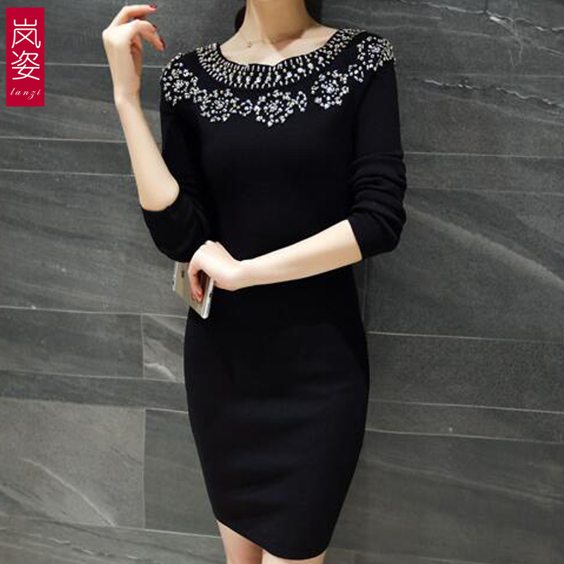 2015冬装新款女装时尚气质钉珠打底包臀裙秋装黑色针织长袖连衣裙