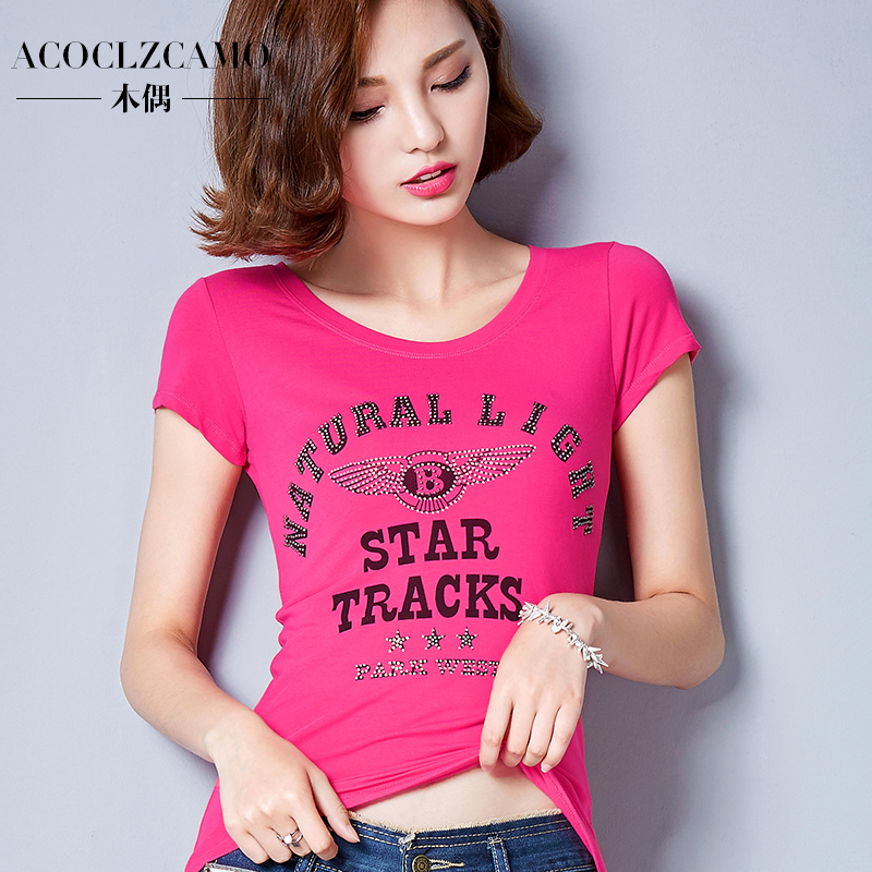 2015夏季新款短袖T恤女韩版修身显瘦印花烫钻纯棉半袖体恤女潮