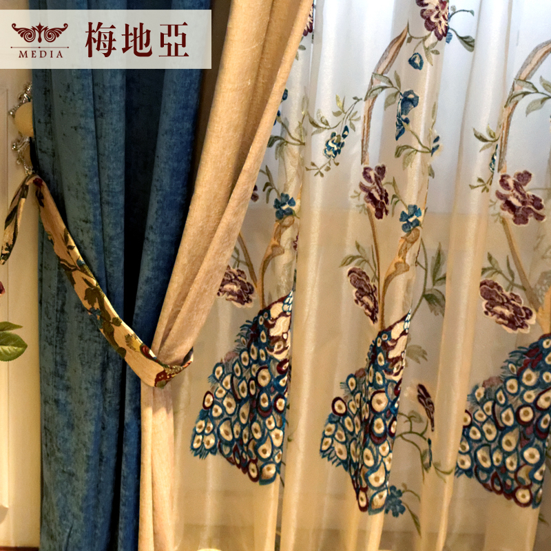 梅地亚卧室美式加厚雪尼尔窗帘定制成品客厅中式古典孔雀绣花窗纱