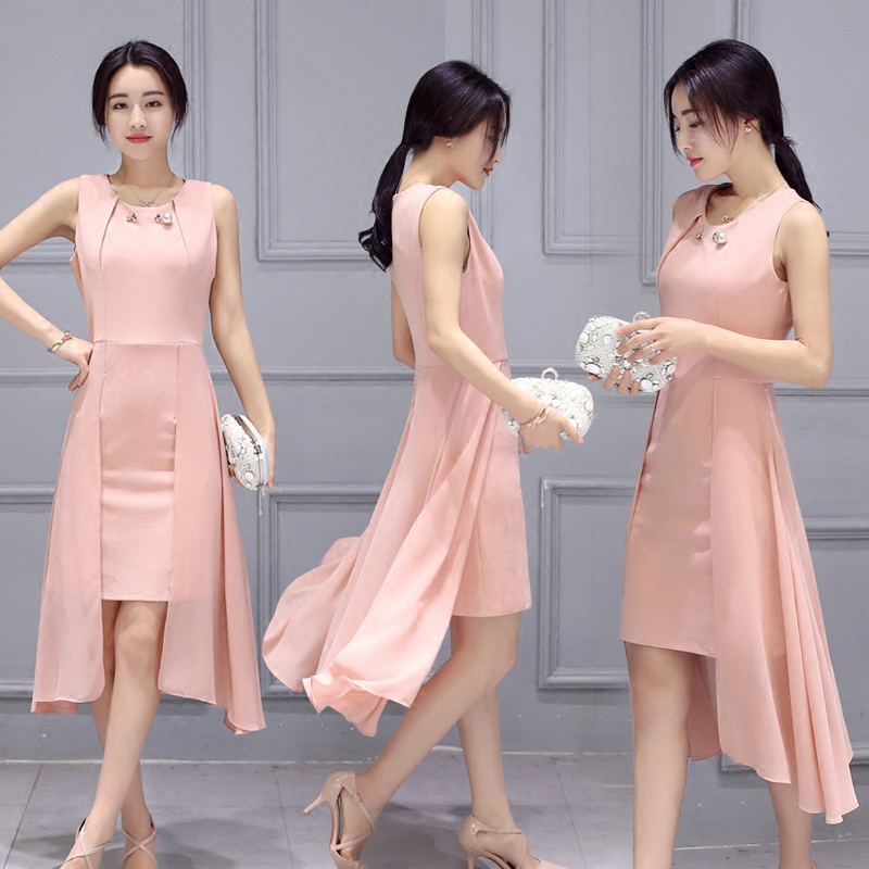 2017夏装新款韩版女装不规则雪纺连衣裙子中长款夏季端庄大气甜美