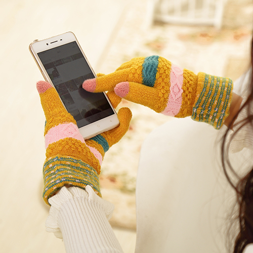 触屏针织毛线保暖全指手套 韩版时尚撞色男女情侣冬天玩手机游戏