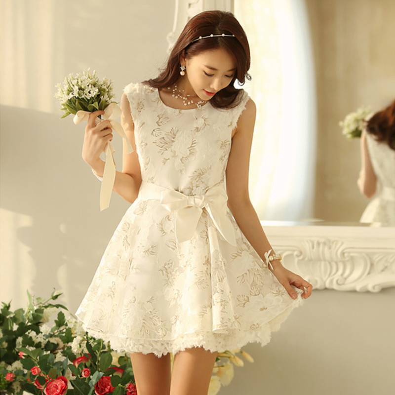 2015春夏女装韩欧版新款印花带内衬无袖收腰显瘦裙摆连衣裙