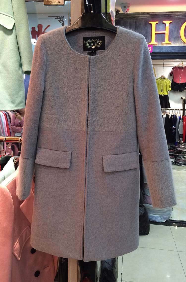 2015冬装新款韩版修身中长款羊毛大衣圆领气质貂绒拼接毛呢外套女