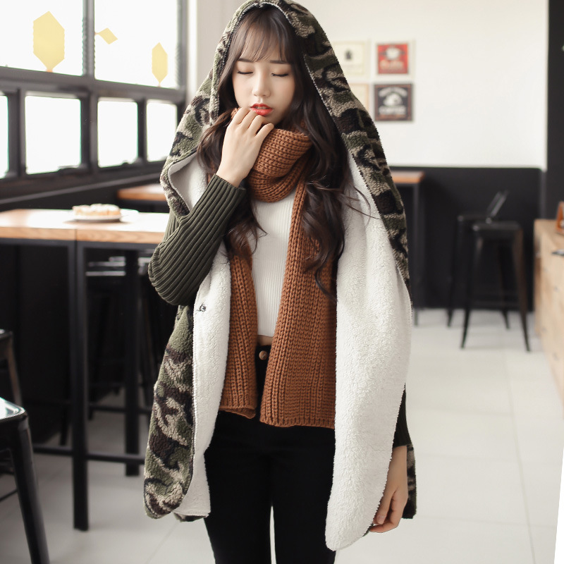 2015年冬季韩版中长款暗扣长袖迷彩棉衣女加厚连帽女冬装