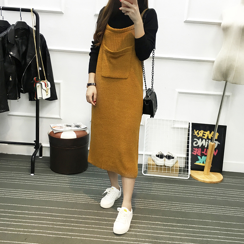 韩国代购2016秋装新款女装大口袋毛线针织包裙显瘦纯色背带连衣裙