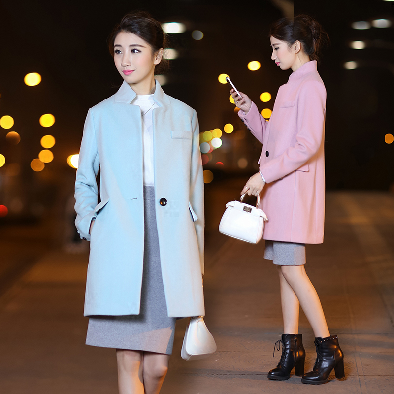 帛柏 2015冬装新款女装韩版修身显瘦气质中长款长袖纯色毛呢外套