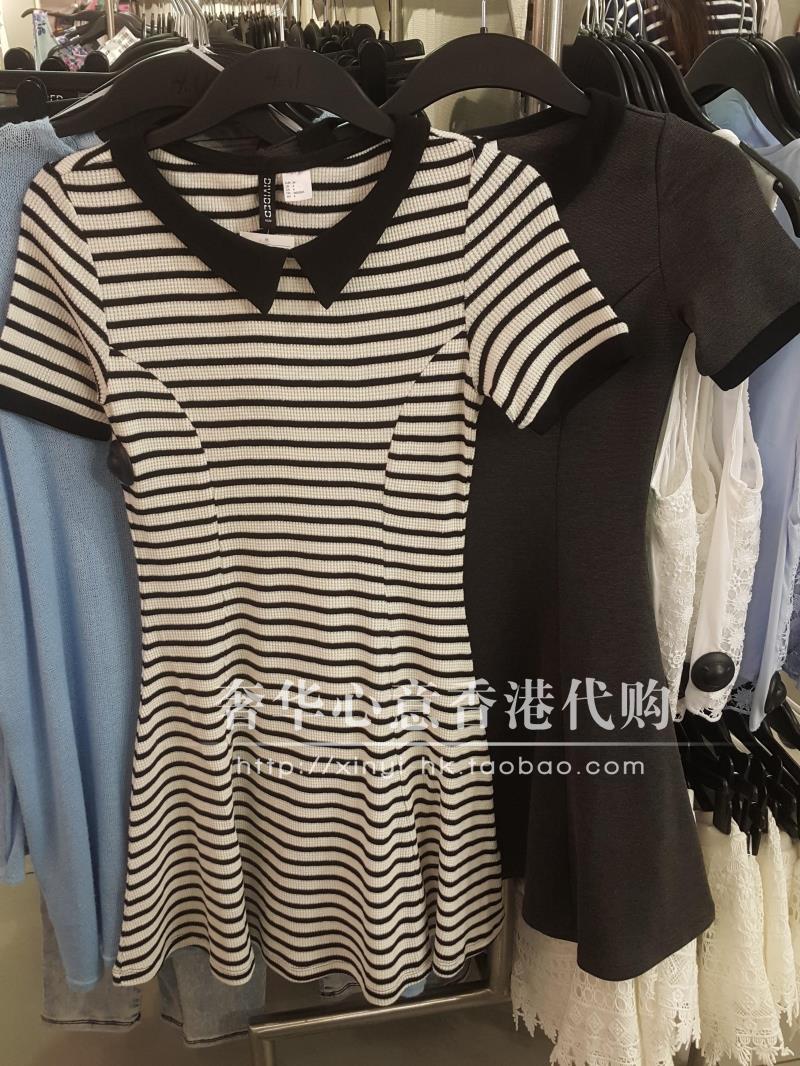 HM H&M香港代购专柜正品新女装修身显瘦娃娃脸套头条纹连衣裙特价